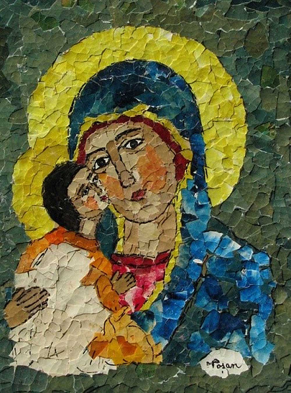 Maica Domnului cu pruncul - Mozaic din coji de oua